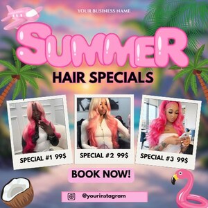 Summer Hair Specials Flyer, DIY Summer Hair Sale Wig Install Flyer, Summer Bookings Open Book Now Wigs Social Media Editable Canva Template