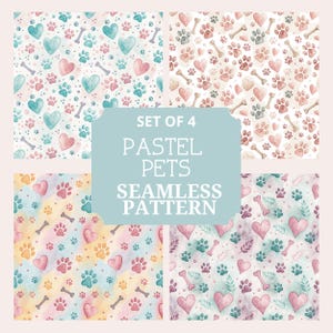 Pastel Watercolor Pets Seamless Patterns | Paw Print & Heart Digital Paper | Cute Dog Cat Bone PNGs | Watercolor Pets | Dog Art | Pet Paper