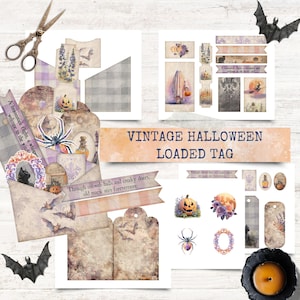 Vintage Halloween Loaded Pocket Tags, Junk Journal Pocket, Ephemera & Spooky Quotes, Scrapbook Fussy Cuts