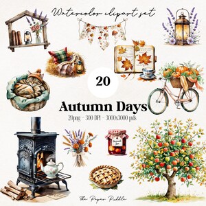 Autumn Days Watercolor Clipart Set, Cozy Fall PNGs, 20 Transparent Images, Pumpkin Bicycle, Apple Tree, Pie, Cat, Autumn Clipart set