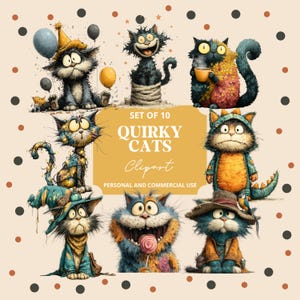 Quirky Cartoon Cat Clipart: Funny Animal PNG Pack (Digital Download)