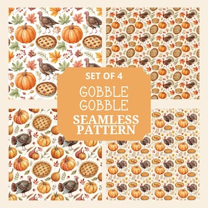 Thanksgiving Turkey Seamless Pattern Set | 4 PNG Fall Turkey, Pumpkin & Pie Digital Papers | Holiday Paper for Journals | Turkey Day Pattern