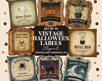 May include: A collection of 15 vintage Halloween labels with spooky illustrations and text. Designs include a ghost, pumpkin, skull, spider, black cat, and moon. The labels are in a variety of colors, including orange, blue, and brown. Text includes "Ghostly Essence" and "Moon Dust".