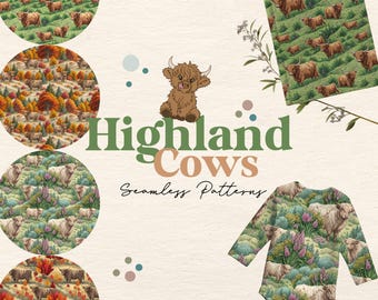 Highland Cows Seamless Patterns | Highland Cow Print PNG | Cute Animal Digital Paper | Wrapping Paper | Scrapbooking Paper Cows