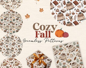 May include: A collection of seamless patterns with a cozy fall theme. The patterns feature sweaters, books, coffee cups, and leaves in warm colors. The image includes the text "Cozy Fall Seamless Patterns" and a wrapped gift.