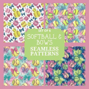 Peut inclure: Ensemble de six motifs sans couture avec des balles de softball et des nœuds dans diverses combinaisons de couleurs. Les motifs comprennent des balles de softball jaunes, roses et bleues avec des nœuds assortis, sur fond rose. Le texte "SOFTBALL & BOWS SEAMLESS PATTERNS" est également inclus.