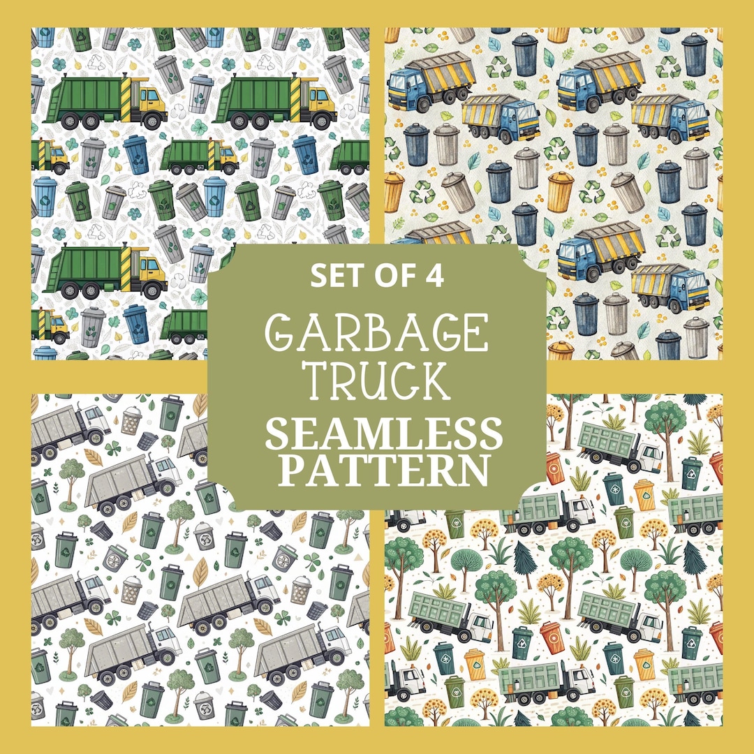Garbage Collection Pattern Garbage Truck Seamless Pattern | Set of 4 PNG Digital Download | Trash ...