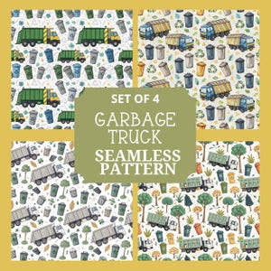 Puede incluir: Conjunto de cuatro patrones sin costuras de camiones de basura. Cada patrón presenta un diseño repetitivo de camiones de basura, botes de basura, símbolos de reciclaje y árboles en varios colores sobre un fondo blanco. El texto "SET OF 4 GARBAGE TRUCK SEAMLESS PATTERN" está en el centro.