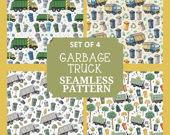 Garbage Truck Seamless Pattern | Set of 4 PNG Digital Download | Trash Truck PNG | Recycling Digital Paper | Playful Scrapbook Set