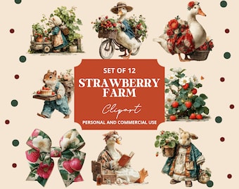 May include: A set of 12 "Strawberry Farm" clipart images. The illustrations feature anthropomorphic animals, including a duck riding a bicycle, a squirrel carrying strawberries, and a rabbit with a flower pot. The images have a watercolor style.
