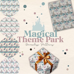 May include: A collection of seamless patterns with a magical theme. The patterns feature castles, hearts, and Mickey Mouse silhouettes in pastel colors. The image includes a wrapped gift box with a gold ribbon, a notebook, and circular pattern samples.