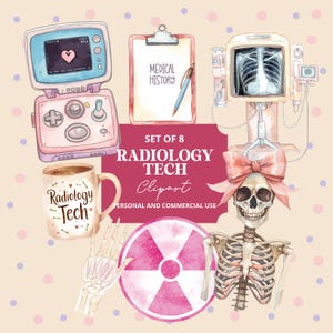 Pode incluir: Conjunto de cliparts em aquarela com ilustrações médicas e de radiologia. Inclui um monitor portátil rosa e azul, uma prancheta com "MEDICAL HISTORY", uma caneca de café com "Radiology Tech" e um esqueleto com um laço.