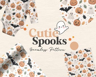 May include: A baby bodysuit and seamless patterns featuring a Halloween theme. The design includes smiling pumpkins, bats, ghosts, and autumn leaves in orange, black, and white. The text "Cutie Spooks" is also visible.