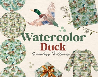 Watercolor Mallard Duck Seamless Patterns | Duck Hunting PNG | Waterfowl Digital Paper | Bird Papers | Duck Scrapbooking Set | Ducklings