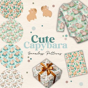 Cute Capybara Seamless Patterns | Animal Digital Paper | Capybara Party Supplies | Baby Animal Clipart | Nursery Fabric Design