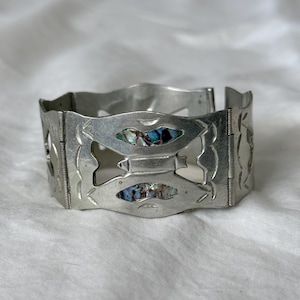 Vintage mexikanskt sterlingsilverarmband – Inlagt abalonearmband med gångjärn – Handgjorda smycken i Taxco-stil – Boho statement-manschett