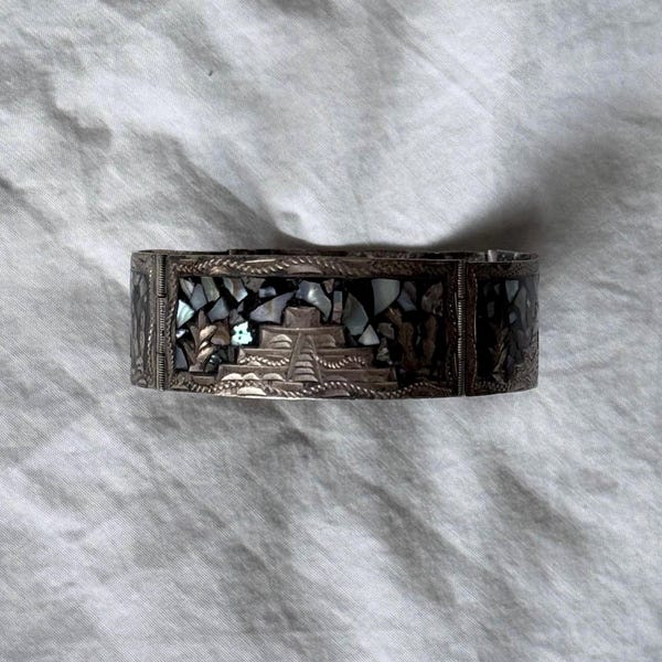 Vintage Mexican Silver Bangle – Mosaic Abalone Inlay Hinged Bracelet – Handcrafted Taxco Style Jewelry – Boho Statement Cuff