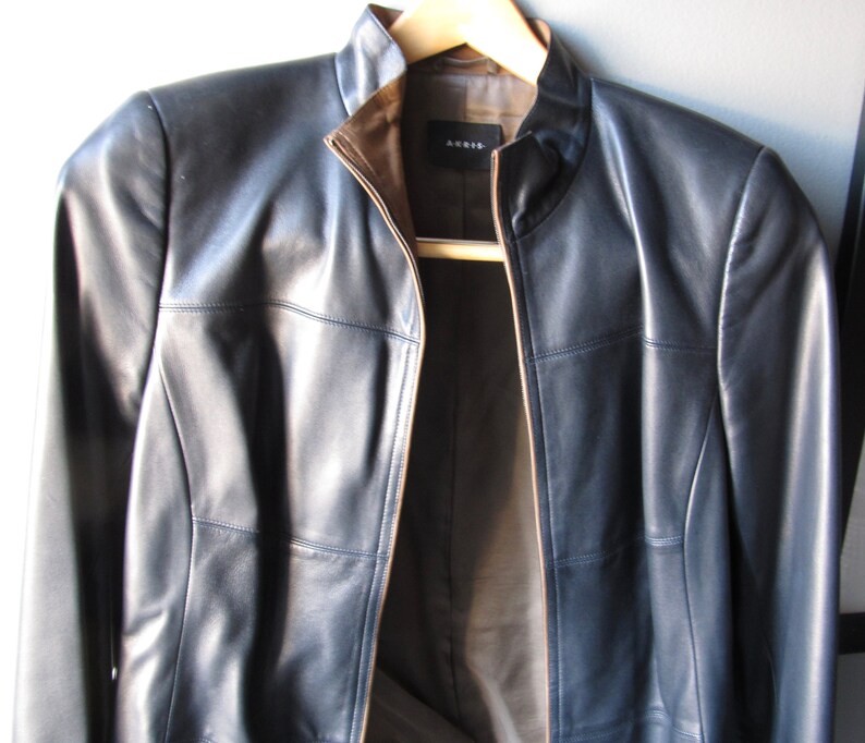 Akris Brown Nappa Leather Jacket Size 12 Lambs Ery Soft