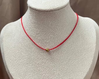 Red String Choker Necklace with Gold Bead | Protection Red Cord Jewelry | Adjustable Minimalist Amulet