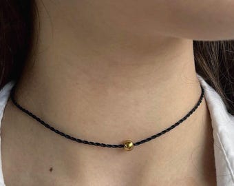 Minimalist Black Cord Necklace with Gold & Silver-tone Stainless Steel Bead | Adjustable Choker Versatile