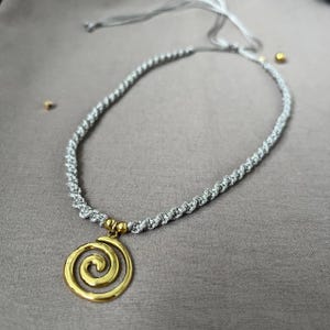 Macrame Necklace with Gold Spiral Pendant, Boho Choker Adjustable Handmade Jewelry