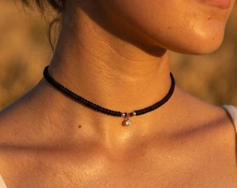 Minimalist Black Cord Choker with Elegant Silver-tone Crystal Adjustable Women's Necklace