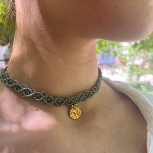 Adjustable Boho Macrame Choker Festival Necklace with Gold-tone Coin Pendant Gift for Her Handmade Beach Jewelry