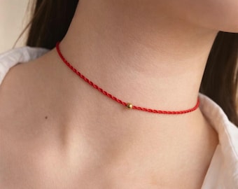 Red String Choker Necklace with Gold Bead | Protection Red Cord Jewelry | Adjustable Minimalist Amulet