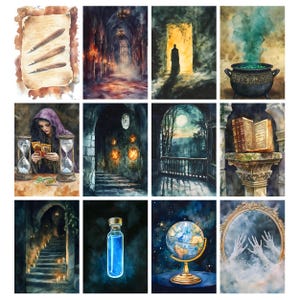 May include: A collection of twelve watercolor paintings with a fantasy theme. The images depict scenes such as a gothic cathedral, a figure in a doorway, a bubbling cauldron, a fortune teller, a globe, and a mirror with ghostly hands.