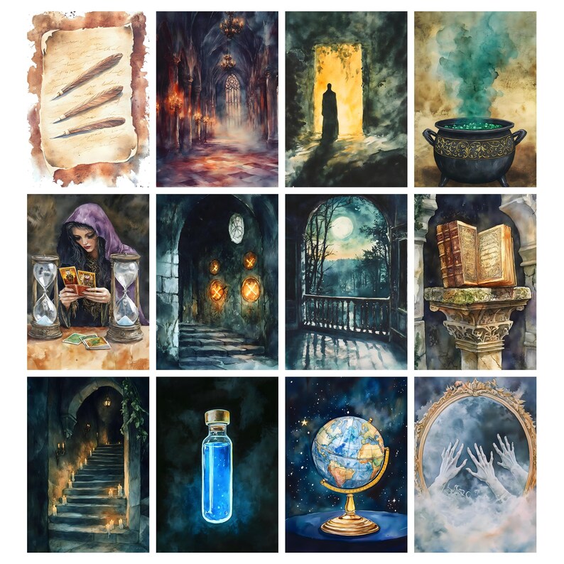 May include: A collection of twelve watercolor paintings with a fantasy theme. The images depict scenes such as a gothic cathedral, a figure in a doorway, a bubbling cauldron, a fortune teller, a globe, and a mirror with ghostly hands.