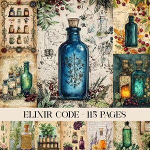 Elixir Code Junk Journal Pages, Apothecary Printable, Magical Curiosities, Witchy Background, Alchemy Collage Sheet, Ephemera, Witch Potion