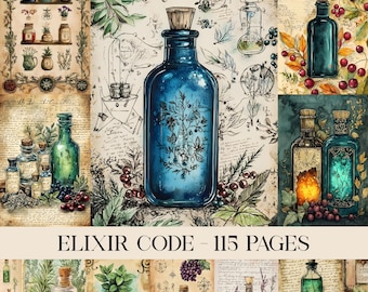 Elixir Code Junk Journal Pages, Apothecary Printable, Magical Curiosities, Witchy Background, Alchemy Collage Sheet, Ephemera, Witch Potion