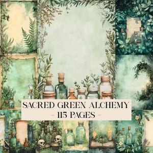 May include: A collage of watercolor illustrations featuring apothecary bottles, jars, and botanical elements. The text "SACRED GREEN ALCHEMY - 115 PAGES" is displayed across the center. The color palette includes greens, browns, and creams.