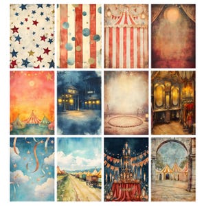 May include: A collection of twelve watercolor illustrations featuring circus and carnival themes. The images include backgrounds with stars, stripes, and a circus tent, as well as scenes of a circus ring, a carnival, and a stage.