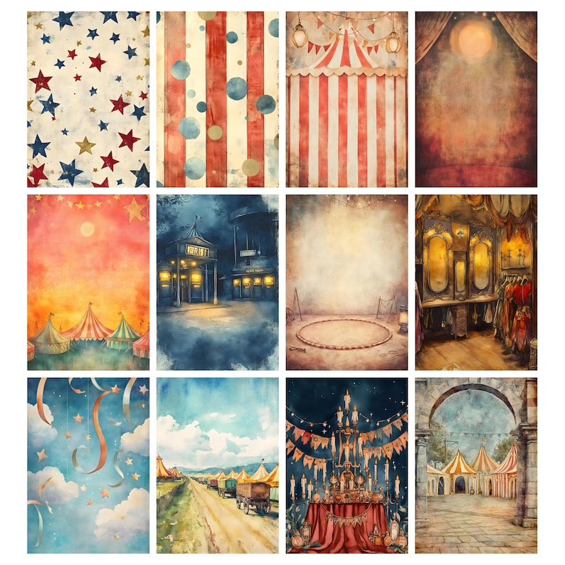 May include: A collection of twelve watercolor illustrations featuring circus and carnival themes. The images include backgrounds with stars, stripes, and a circus tent, as well as scenes of a circus ring, a carnival, and a stage.