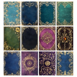 Puede incluir: Una colecci&oacute;n de doce impresiones art&iacute;sticas decorativas con dise&ntilde;os de filigrana dorada sobre fondos de varios colores, incluyendo azul, verde y morado. Las impresiones muestran una est&eacute;tica vintage con patrones florales y de volutas detallados.