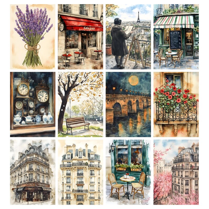 May include: A collection of watercolor paintings featuring Parisian scenes. Images include a lavender bouquet, cafes with red awnings, a painter with the Eiffel Tower in the background, and architectural details of buildings.