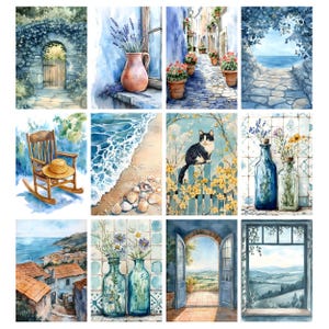 May include: Watercolor paintings featuring coastal and countryside scenes. Images include a stone archway with a wooden door, a vase of lavender on a windowsill, a cobblestone street with flower pots, and a beach scene with seashells.
