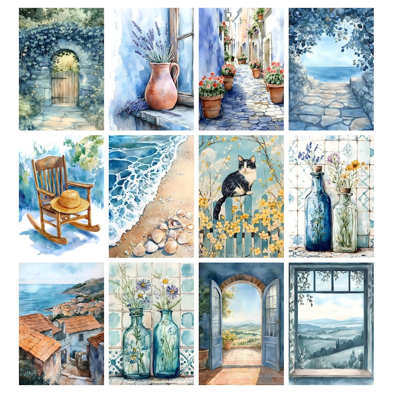 May include: Watercolor paintings featuring coastal and countryside scenes. Images include a stone archway with a wooden door, a vase of lavender on a windowsill, a cobblestone street with flower pots, and a beach scene with seashells.