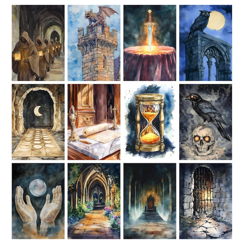 May include: A collection of twelve watercolor paintings featuring fantasy and gothic themes. The images depict scenes such as a sword in a stone, a gargoyle on a tower, an hourglass, and a raven on a skull. The color palette includes blues, browns, and golds.