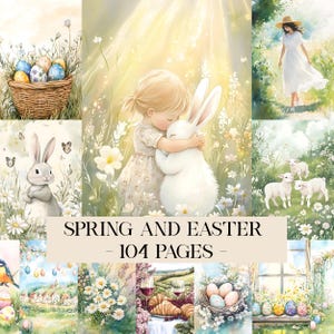 Puede incluir: Una colección de ilustraciones en acuarela con temática de primavera y Pascua. Las imágenes incluyen una niña abrazando a un conejo blanco, una cesta de huevos decorados, una mujer con un vestido blanco y otras escenas pastorales. El texto dice "SPRING AND EASTER - 104 PAGES".