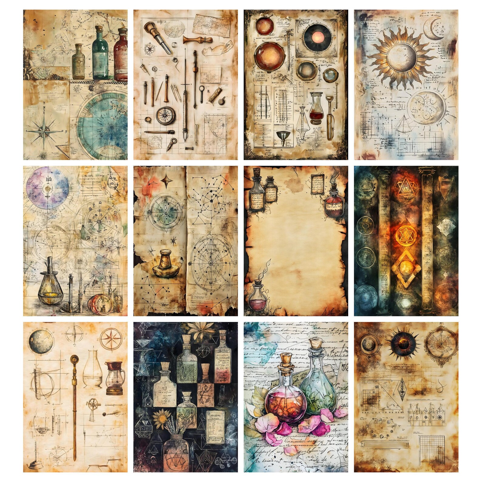 Alchemy Backgrounds, Mystic Junk Journal Pages, Digital Scrapbook Paper ...