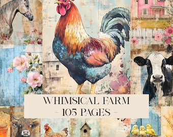 Whimsical Farm Junk Journal Pages, Whimsical Ephemera, Spring Junk Journal Kit, Rustic Farm Digital Papers, Vintage Chicken Scrapbook Papers