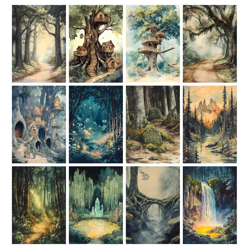 May include: A collection of twelve watercolor paintings depicting various forest scenes. The artwork includes images of treehouses, pathways, and landscapes with waterfalls and glowing lights. The color palette features greens, blues, and browns.