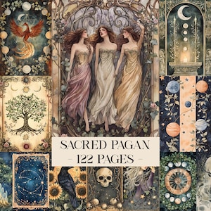 May include: A collection of watercolor illustrations with a mystical theme. The images include three women in flowing gowns, celestial bodies, a phoenix, a crow, a skull, and a tree. Text reads "Sacred Pagan - 122 Pages."