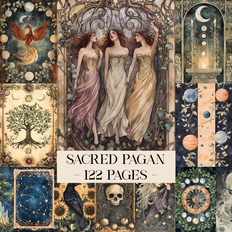 May include: A collection of watercolor illustrations with a mystical theme. The images include three women in flowing gowns, celestial bodies, a phoenix, a crow, a skull, and a tree. Text reads "Sacred Pagan - 122 Pages."
