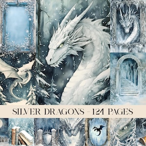 Silver Dragons Junk Journal Pages, Dragon Journal, Fantasy Collage Printables, Winter Dragon Junk Journal Paper, Frozen and Frost World