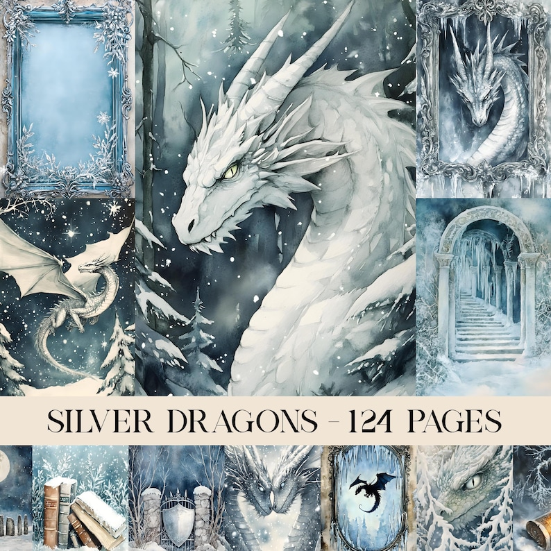 May include: A collection of watercolor illustrations featuring silver dragons in a snowy, wintery setting. The artwork includes a large dragon head, framed dragon art, and scenes of snowy landscapes. The text "SILVER DRAGONS - 124 PAGES" is displayed.