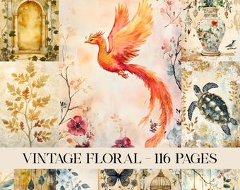 Floral Junk Journal Pages, Junk Journal Kit, Scrapbook Paper, Vintage Shabby Chic, Antique Collage, Wedding, Party Invitation, Post Card
