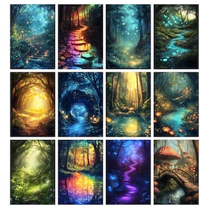 May include: A collection of fantasy landscape art prints. Each print depicts a different enchanted forest scene with glowing lights, winding paths, and vibrant colors. The artwork evokes a sense of magic and wonder.